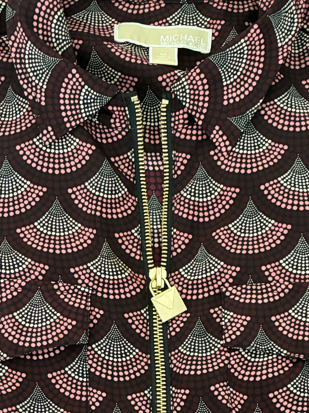 MICHAEL Michael Kors Art Deco Print Zip Front Roll-Up Sleeve Blouse Size M.